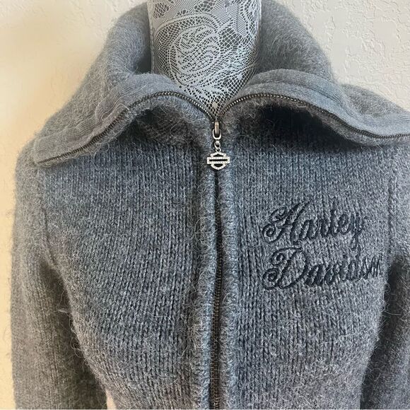 Harley Davidson Wool Blend Cable Knit Gray Zip Up Jacket Women’s Size XS - Picture 2 of 8